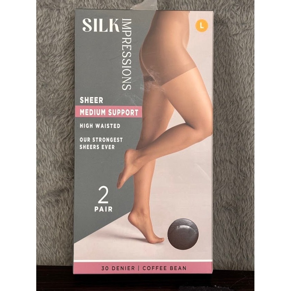 Silk Impressions 2 Pair Sheer Med Support High Waisted Pantyhose Coffee Bean L